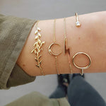 Circle Crystal Moon Leaf Open Gold Bracelet Set