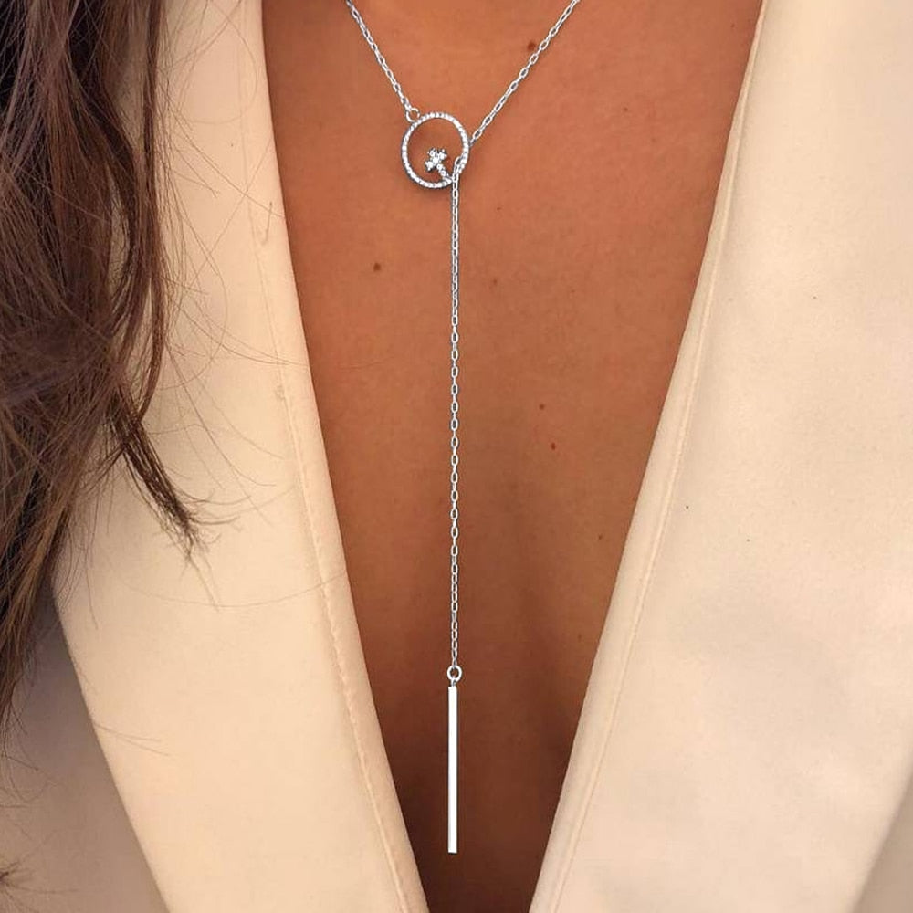 Vertical Stripe Tassel Silver Necklace
