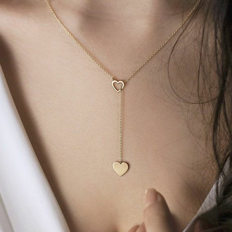 Double Heart Love Pendant Chain Long Necklace