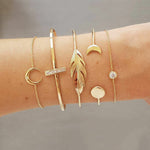 Punk Gold Chain Moon Leaf Crystal Bracelet Set