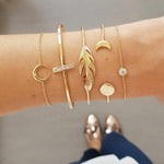 Punk Gold Chain Moon Leaf Crystal Bracelet Set