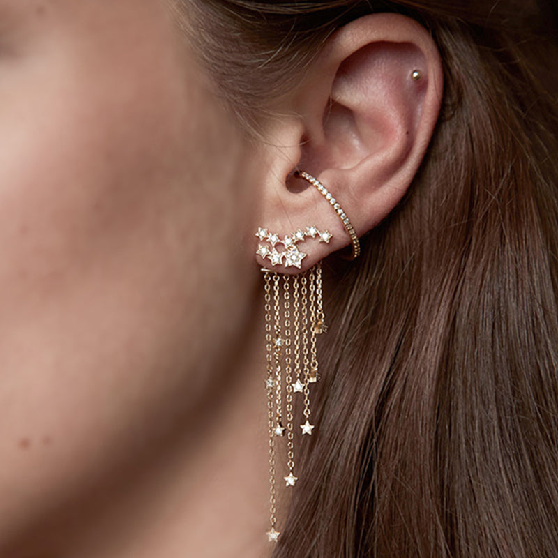 Star Crystal Chain Tassel Pendant Earrings