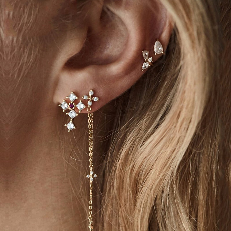 Gold Cross Flower Water Drops Crystal Chain Earrings