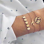 Airplane Map Round Gold Chain Bracelet Set