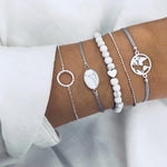 Peach Heart Bead Map Circle Crystal Silver Bracelet Set