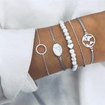 Peach Heart Bead Map Circle Crystal Silver Bracelet Set