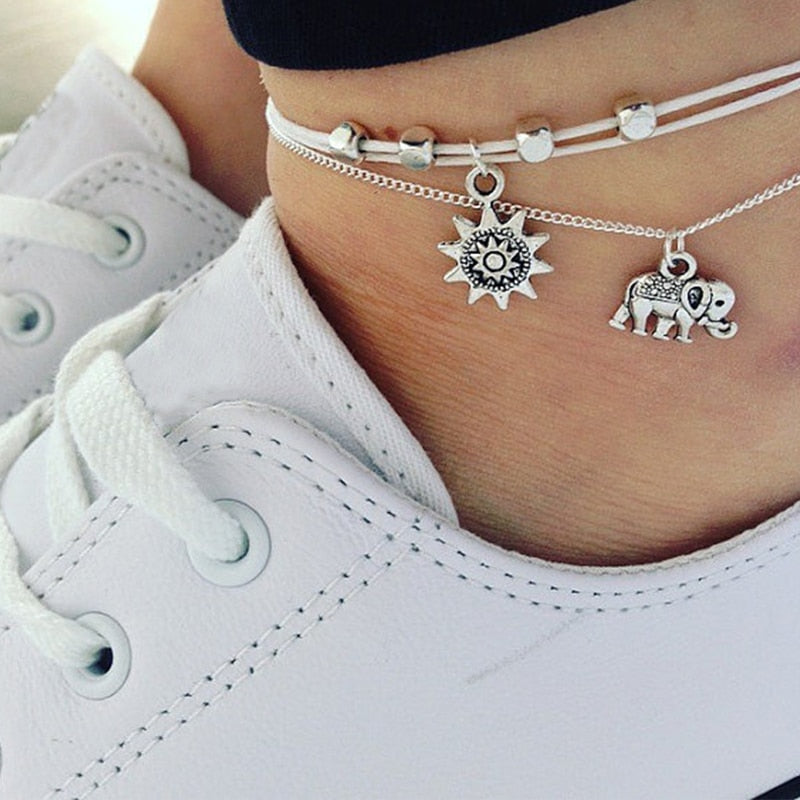 Elephant Sun Beads Leather Chain Double Layer Silver Anklet Set