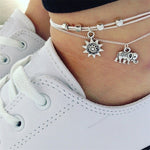 Elephant Sun Beads Leather Chain Double Layer Silver Anklet Set