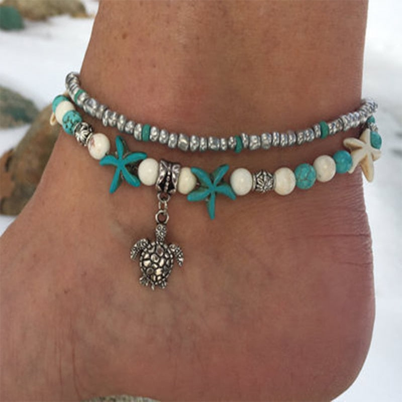 Punk Turtle Starfish Beads Gem Silver Pendant Double Layer Anklet Set