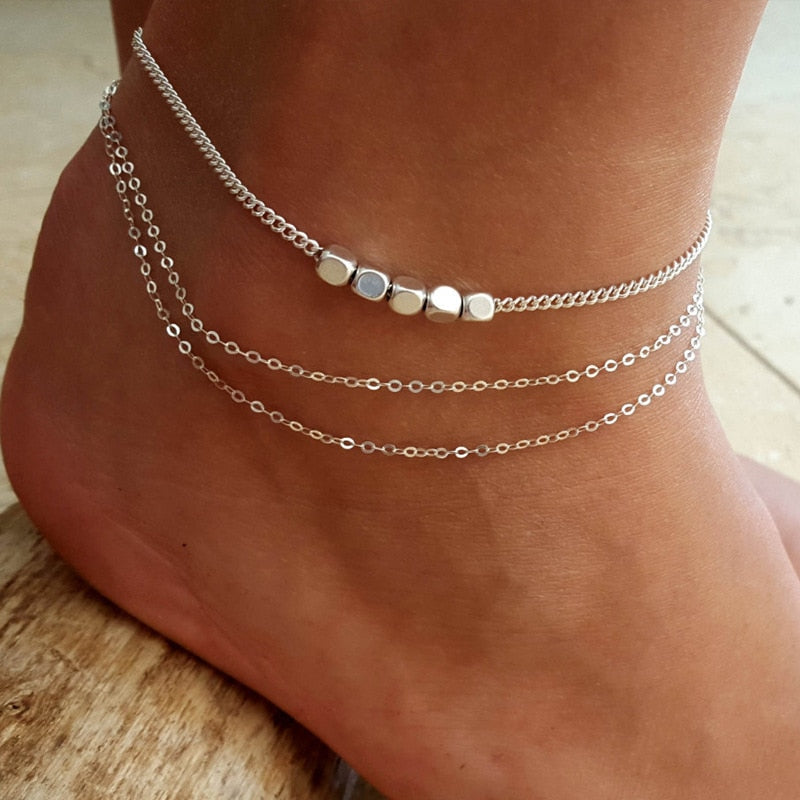 Square Beads Geometric Chain Silver Anklet