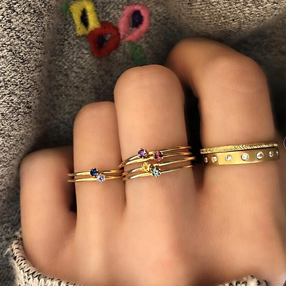 Simple Colorful Crystal Geometric Gold Ring Set