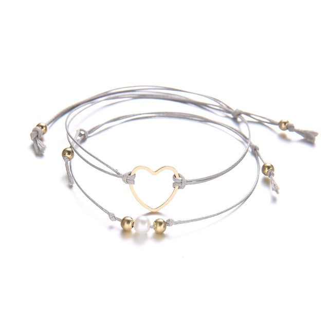 Simple Heart Pearl Beaded Woven Leather Bracelet