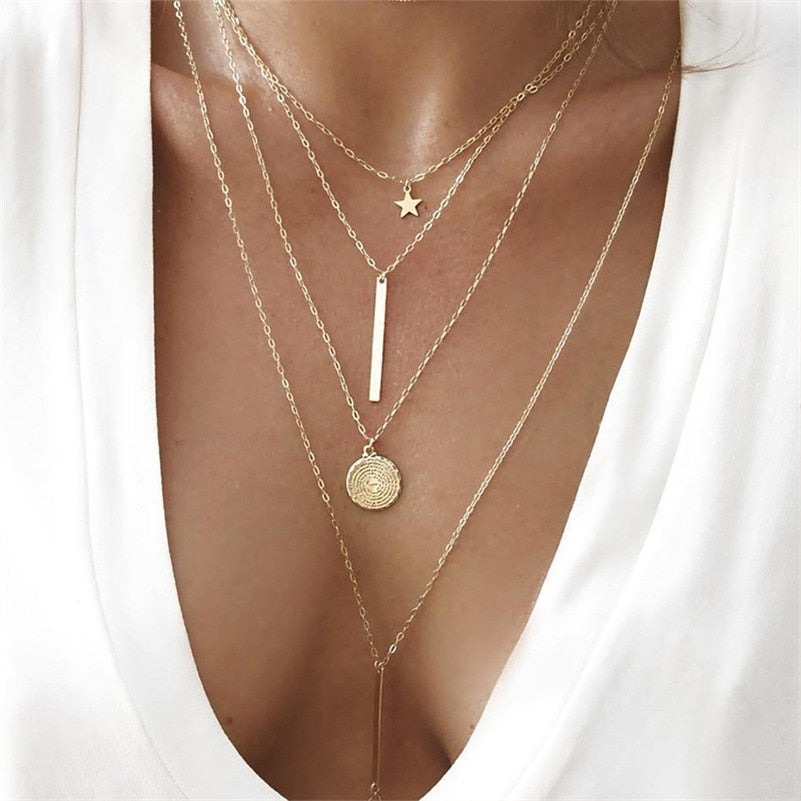 Classic Star Round Chain Vertical  Gold Necklace
