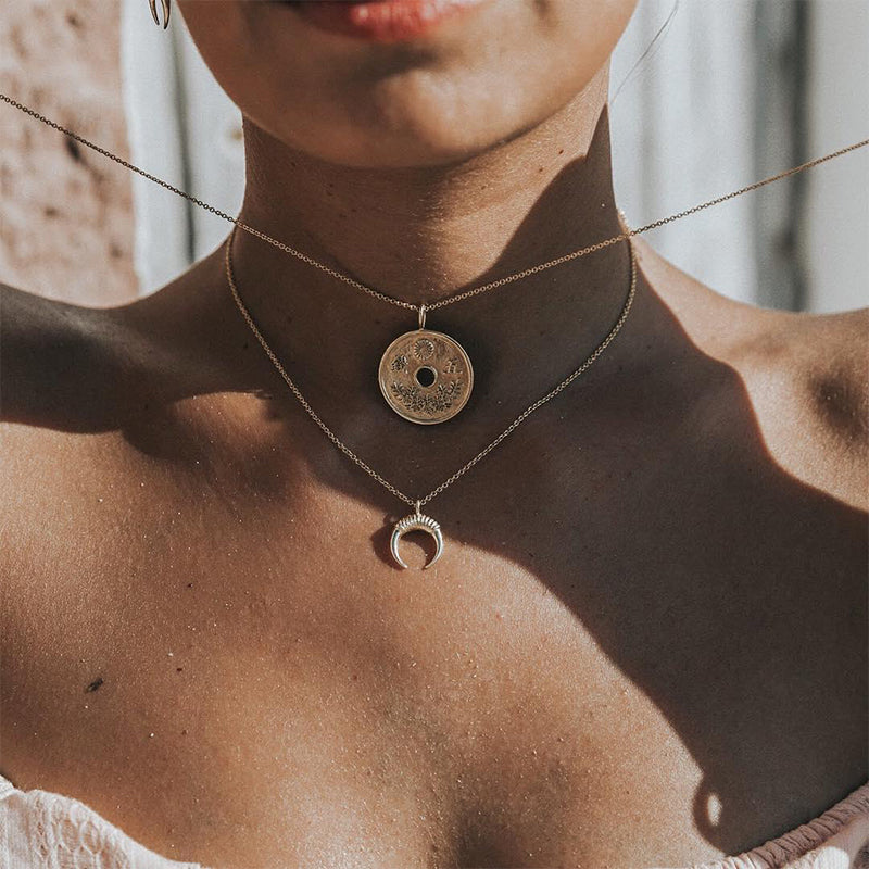 Punk Coin Flower Digital Moon Chain Pendant Clavicle Necklace Women Gold Necklace Set