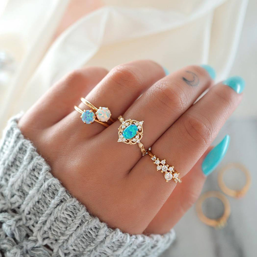 Simple Gems Geometric Crystal Leaves Golden Finger Ring Set