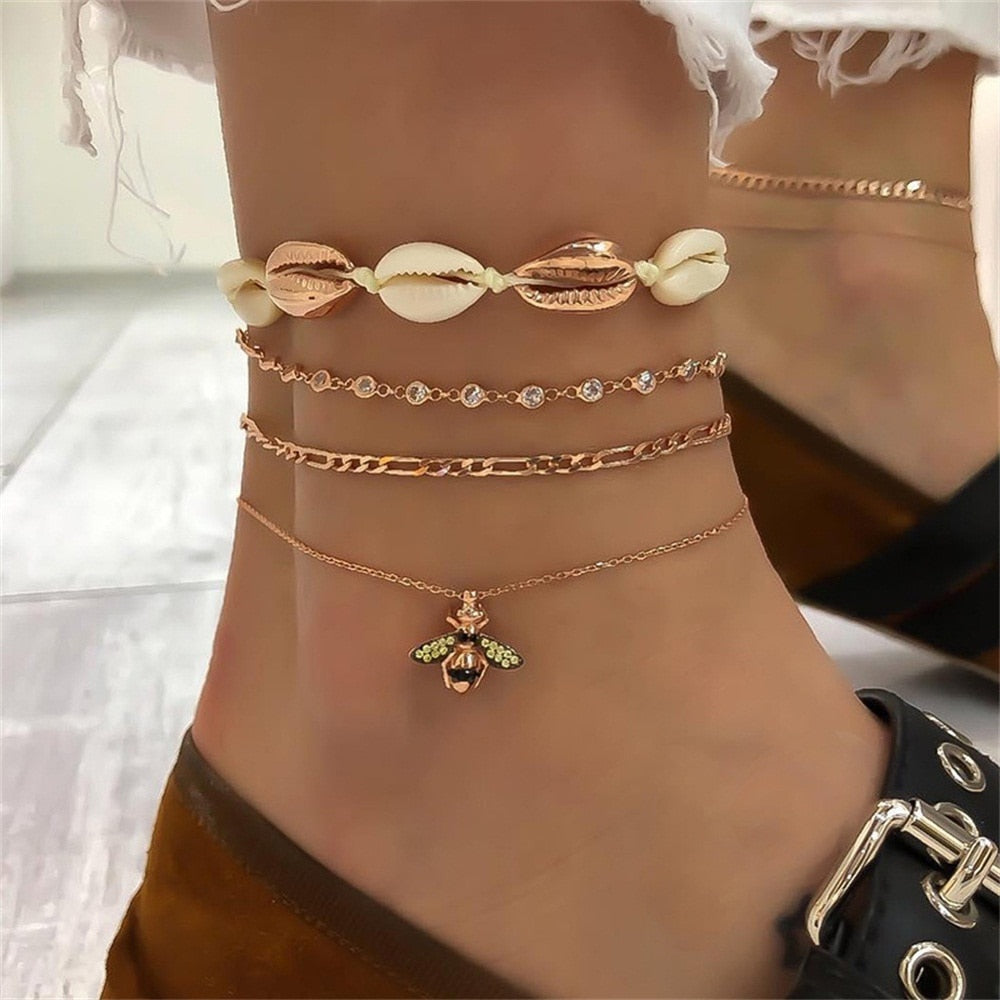 Geometric Shell Crystal Bee Chain Anklet Gold Anklets