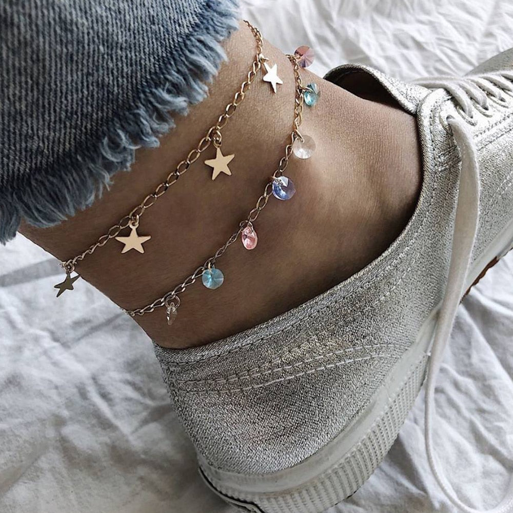 Colorful Crystal Beads Stars Pendant Gold Double Layer Anklet
