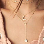 Crystal Moon Stars Long Pendant Beaded Multilayer Gold Necklace
