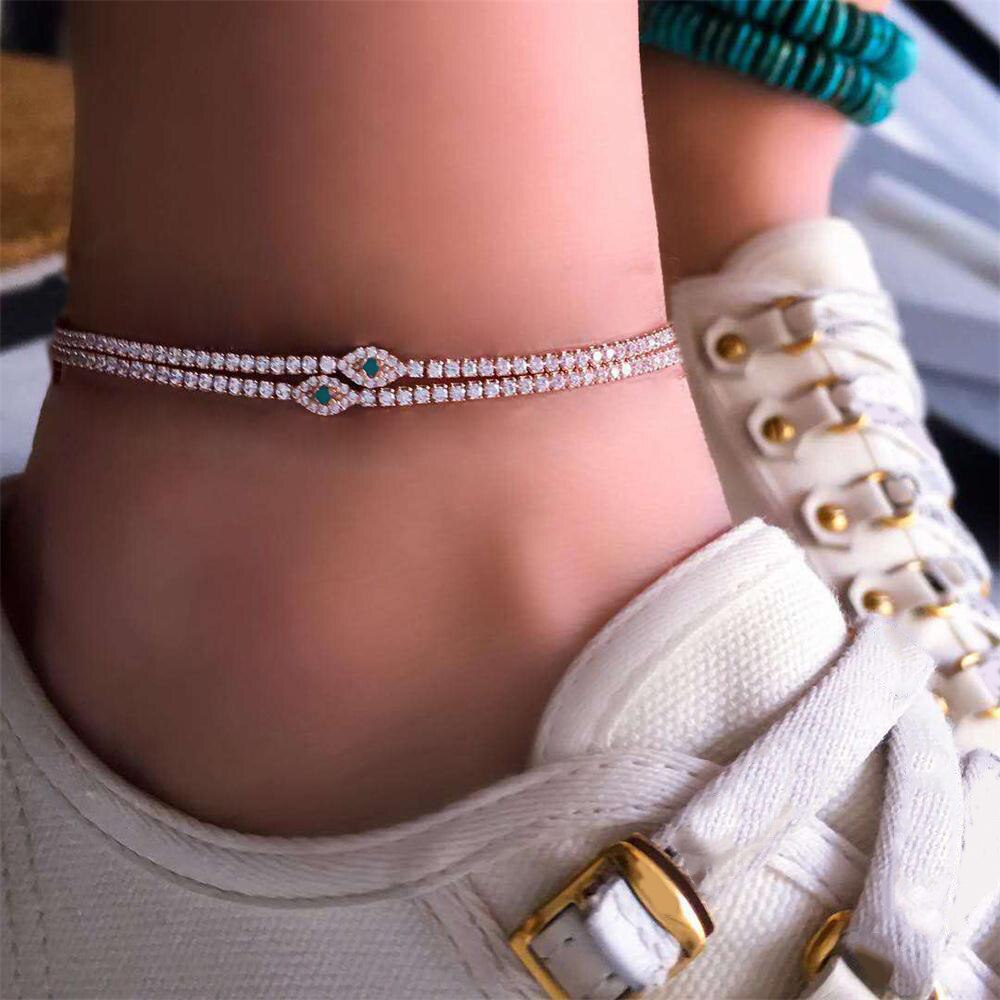 Crystal Eyes Beaded Simple Chain Gold Anklet